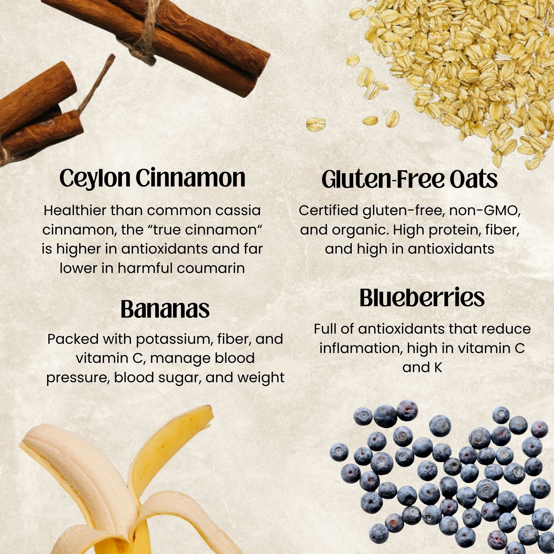 Health benefits of Ceylon cinnamon, gluten-free oats, bananas, and blueberries on a textured background.