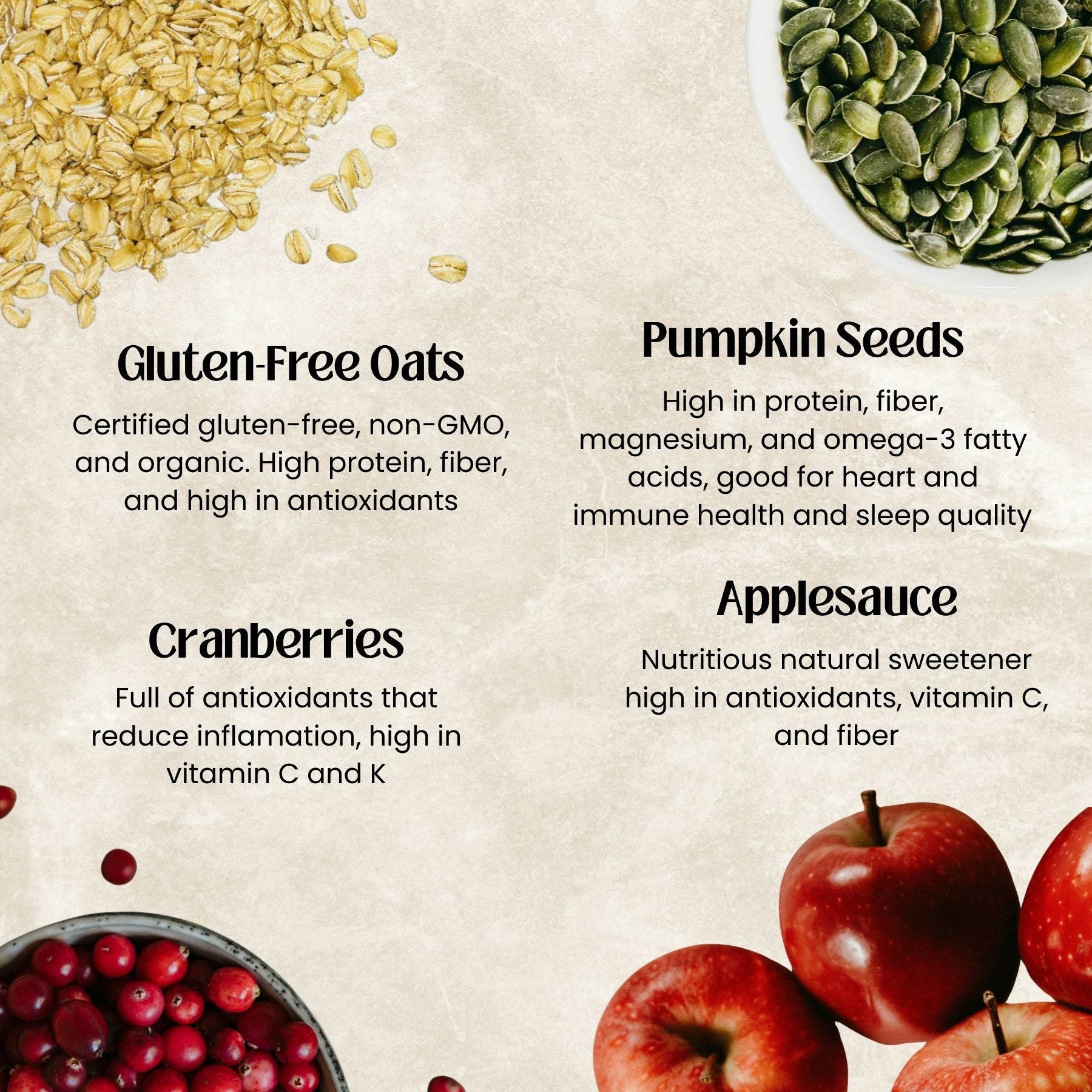 Gluten-free oats, pumpkin seeds, cranberries, and applesauce with health benefits text on a beige background