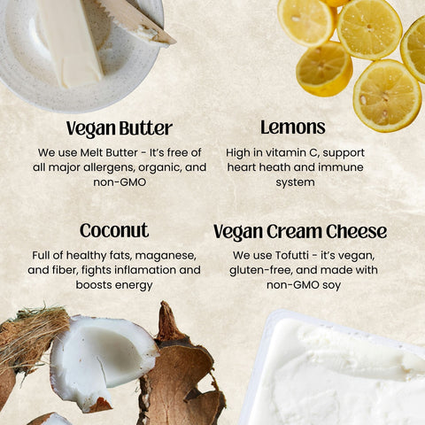 Vegan butter, lemons, coconut, and vegan cream cheese with health benefits text on a beige background