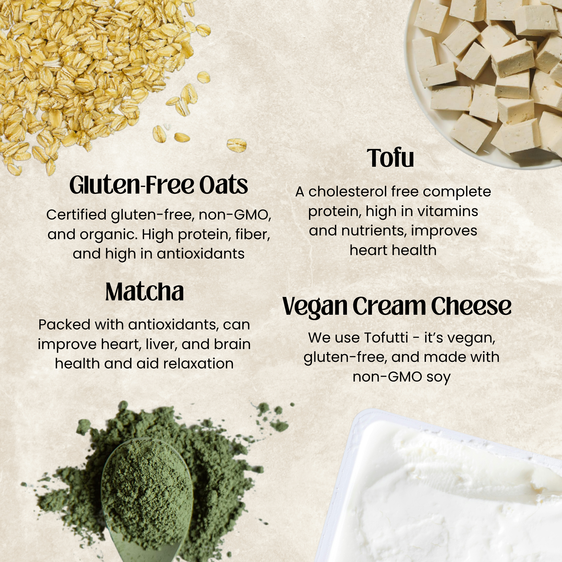 Infographic with images of Daiya Cheddar, tofu, nutritional yeast, and spinach, along with text describing their health benefits.